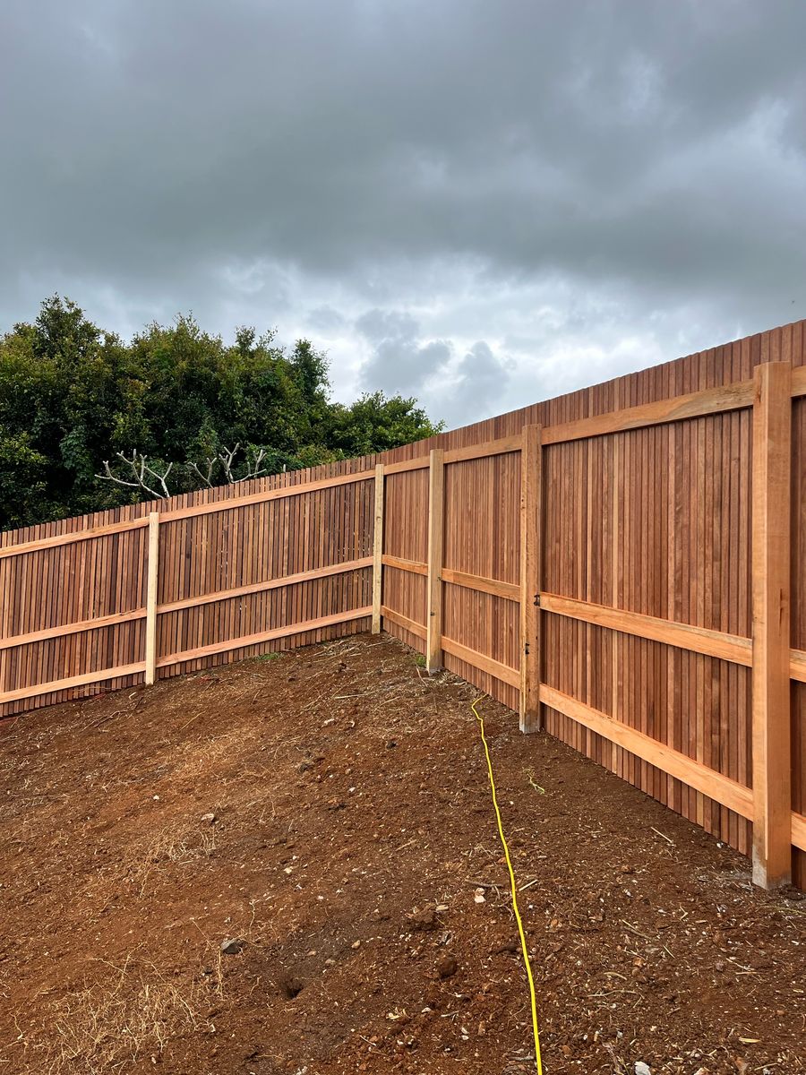 Hardwood paling fence with exposed rails and posts